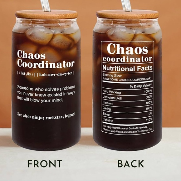 Chaos Coordinator Borosilicate Glass Can with Glass Straw and Bamboo Lid - Picture 3 of 4